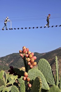 PONT DE SINGE SUSPENDU AU DESSUS DES FALAISES EN TERRE ROUGE, PARC AERIEN DU DOMAINE DE TERRES D’AMANAR, TAHANAOUTE, AL HAOUZ, MAROC 