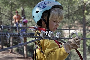 ACCROCHAGE D'UN MOUSQUETON SUR LE CABLE POUR LA MISE EN SECURITE, ENFANT SUR LE PARCOURS ACROBATIQUE, ACCRO-PARK (PARC ACCROBRANCHE DANS LES ARBRES), DOMAINE DE TERRES D’AMANAR, TAHANAOUTE, AL HAOUZ, MAROC 