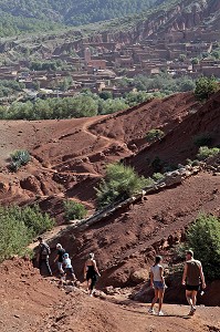 RANDONNEE PEDESTRE DANS LES COLLINES DE TERRE ROUGE DU DJEBEL KLELOUT, PRES DU VILLAGE BERBERE D'OUTGHAL, AL HAOUZ, MAROC 