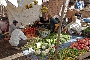 ETALAGE DE FRUITS ET LEGUMES DE LA REGION SUR LE SOUK, MARCHE POPULAIRE BERBERE D’ASNI, VALLEE AU PIED DU HAUT-ATLAS, MAROC 