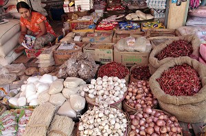 ETALAGE D'EPICES ET DE CONDIMENTS DANS UNE ECHOPPE, MARCHE DE KAWTHAUNG, VILLE APPELEE VICTORIA POINT SOUS LA DOMINATION BRITANNIQUE (1824-1948), MYANMAR, SUD DE LA BIRMANIE, ASIE 