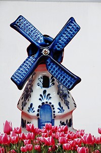 AFFICHE PHOTO D'UN MOULIN A VENT EN CERAMIQUE DE DELFT ET DE TULIPES ROSE, DEUX DES SYMBOLES DES PAYS BAS 