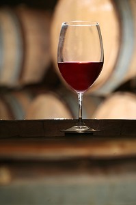 VERRE DE VIN ROUGE DANS UN ENVIRONEMENT DE CAVE ET BARRIQUES 