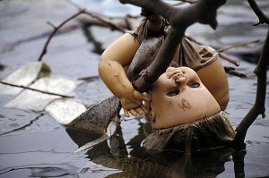 POUPEE D'ENFANT ACCROCHEE A UNE BRANCHE, POLLUTION DES BORDS DE SEINE, IVRY-SUR-SEINE (94), FRANCE 