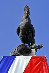 LE COQ SUR LE MONUMENT AUX MORTS RECOUVERT DU DRAPEAU FRANCAIS, FRANCE 