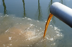 TUYAU D'ARRIVEE DES EAUX USAGEES (SALE) DIRECTEMENT DANS LA RIVIERE, VALLEE DE LA RISLE, EURE, FRANCE 