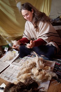 LORELEI CARDE LA LAINE DE MOUTON A LA MAIN AVANT DE LA NETTOYER, ELLE A TOUT QUITTE POUR CONSTRUIRE ET HABITER SA CABANE EN BOIS AU MILIEU DE LA CREUSE, FRANCE 