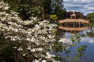 PONT DE LA PAGODE DU PARC FLORAL, VILLAGE D'APREMONT-SUR-ALLIER, PLUS BEAU VILLAGE DE FRANCE, CHER (18), FRANCE 