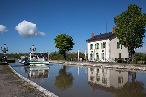 BATEAU DE PLAISANCE SUR LE PONT CANAL DE BRIARE, CANAL LATERAL DE LA LOIRE, LOIRET (45), FRANCE 