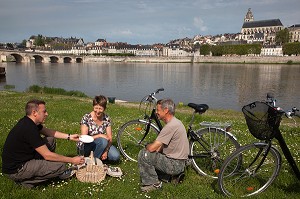 GROUPE D'AMIS EN PIQUE-NIQUE SUR LES BORDS DE LOIRE DEVANT LA CATHEDRALE SAINT-LOUIS, BLOIS, LOIR-ET-CHER (41), FRANCE 