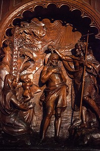 BAPTEME DU CHRIST, RETABLE EN BOIS SOUS LES ORGUES, TABLEAU DE GOYERS DE BRUXELLES, EGLISE ABBATIALE NOTRE-DAME DE BEAUGENCY, LOIRET (45), FRANCE 