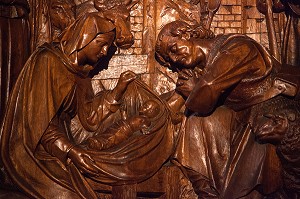 NAISSANCE DU JESUS, BAPTEME DU CHRIST, RETABLE EN BOIS SOUS LES ORGUES, TABLEAU DE GOYERS DE BRUXELLES, EGLISE ABBATIALE NOTRE-DAME DE BEAUGENCY, LOIRET (45), FRANCE