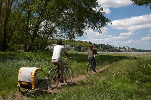 CYCLISTES SUR LE PARCOURS DE LA LOIRE EN VELO DEVANT LE VILLAGE DE CANDES-SAINT-MARTIN ET MONTSOREAU, INDRE-ET-LOIRE (37), FRANCE 