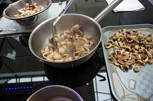 PREPARATION DES CHAMPIGNONS FRAIS DE PARIS, CUISINE D'AUTEUR AVEC LAURENT CLEMENT, COURS DE CUISINE, 11 COURS GABRIEL, CHARTRES, EURE-ET-LOIR (28), FRANCE 