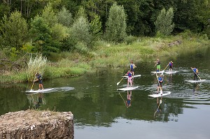 ACTIVITE SUP, STAND UP PADDLE, DESCENTE DE LA RIVIERE LE LOT DEBOUT SUR UNE PLANCHE, SAINTE-EULALIE D'OLT, AVEYRON (12), FRANCE 