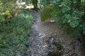 LIT DE LA RISLE ASSECHE APRES LA DISPARITION DE LA RIVIERE DANS UNE BETOIRE, ENORME TROU DE PLUSIEURS METRES DANS LA TERRE QUI AVALE TOUT LE DEBIT DE L'EAU, LA HOUSSAYE, EURE (27), FRANCE 