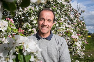 ERIC DORE, PRODUCTEUR CIDRICOLE DU PRESSOIR D'OR, DANS SON VERGER DE POMMIERS EN FLEURS, BOISEMONT, EURE (27), FRANCE 