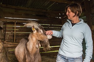 SYLVIE LHOSTE, ELEVEUSE, CARESSANT UN BOUC, ELEVAGE DE CHEVRES, CHEVRERIE DE LA FERME DE LA HUTTE, LONGNY-AU-PERCHE, ORNE (61), FRANCE 