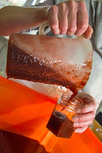 PREPARATION DES CONFITURES DE FRAISES PAR NATHALIE DE WEVER, COMMERCANTE ADHERENTE AU MOUVEMENT LOCAVORE, RUGLES, EURE (27), FRANCE 
