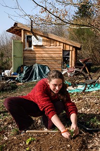 LORELEI PLANTE DES FRAISIER DANS SON JARDIN MANDALA, ELLE A TOUT QUITTE POUR CONSTRUIRE ET HABITER SA CABANE EN BOIS AU MILIEU DE LA CREUSE, FRANCE 