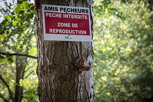 PANNEAU DE PECHE INTERDITE POUR ZONE DE REPRODUCTION, PLAN D'EAU DE MEZIERES-ECLUZELLES, MEZIERES-EN-DROUAIS, EURE-ET-LOIR (28), FRANCE 