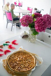 TARTE AUX POMMES FAITE MAISON POUR LES RESIDENTS, EHPAD ANDRE COUTURIER, ETABLISSEMENT PUBLIC DU SUD DE L'EURE, HEBERGEMENT POUR PERSONNES AGEES INDEPENDANTES, RUGLES, EURE (27), FRANCE 