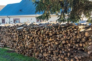 STOCKAGE DE STERES DE BOIS DE CHAUFFAGE DANS LA COUR D'UNE MAISON DE PARTICULIER, FRANCE 