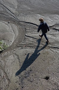 ENFANT MARCHANT SUR LA PLAGE A MAREE BASSE, GRANVILLE (50), FRANCE 