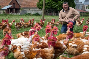 DIDIER GRANDVILLAIN DANS SON ELEVAGE DE POULETS EN PLEIN AIR, PRODUITS DE TERROIR DE TERRES D'EURE-ET-LOIR, ORGERES-EN-BEAUCE (28), FRANCE 