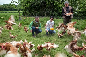 LAURENT CLEMENT, CHEF ETOILE DU COURS GABRIEL ET BRUNO DEBRAY AVEC SON FILS, ELEVEUR DE POULES ET PRODUCTEUR D'OEUFS EN PLEIN AIR, PRODUITS DE TERROIR DE TERRES D'EURE-ET-LOIR, LA CROIX DU PERCHE (28), FRANCE 