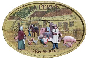 L'EPI DE BLE', PEINTURE SUR BOIS SCULPTE REPRESENTANT LA FERME DU DEBUT DU SIECLE DERNIER, AUTEUR ANONYME 