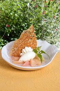 RECETTE DE PECHE DE VIGNE EN GELEE DE VERVEINE, GLACE A LA LAVANDE, RESTAURANT 'ENTRE VIGNE ET GARRIGUE', PUJAUT, (30) GARD, LANGUEDOC-ROUSSILLON 