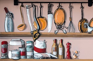 FRESQUES DE PATRICK VIETTE, ATELIER DE CUISINE DU 11, COURS GABRIEL TENU PAR LE CHEF ETOILE LAURENT CLEMENT, CHARTRES, (28) EURE-ET-LOIR, CENTRE, FRANCE 