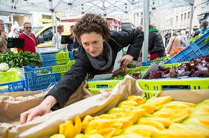 AUX PETITS LEGUMES (PRODUITS DE TERROIR BIO), MARCHE AUX LEGUMES COUVERT DE CHARTRES, (28) EURE-ET-LOIR, CENTRE, FRANCE 