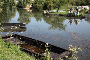 BARQUE A FOND PLAT ET PECHEURS DANS LES MARAIS DU BAS, VILLE DE BOURGES, (18) CHER, CENTRE, FRANCE 