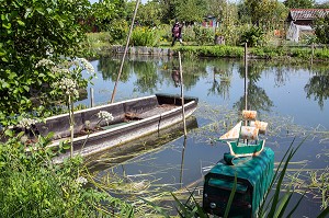 JARDIN, BOITE AUX LETTRES ET BARQUES DANS LES MARAIS DU BAS, VILLE DE BOURGES, (18) CHER, CENTRE, FRANCE 