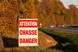 PANNEAU DE CHASSE EN COURS EN BORDURE DE ROUTE (ATTENTION CHASSE DANGER), FORET DE CONCHES (27), FRANCE 