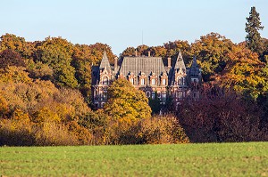 CHATEAU DE L'HERMITE ABANDONNE DANS LES COULEURS DE LA FORET D'AUTOMNE, REGION DE RUGLES (27), FRANCE 