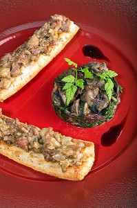 FRICASSEE D’ESCARGOTS AU PERSIL, TARTINE GOURMANDE AU PIED DE PORC, RECETTE DE LAURENT CLEMENT, LIVRE DES RECETTES DE TERROIR EN EURE-ET-LOIR (28), FRANCE 