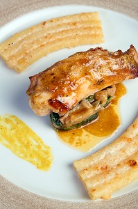 DOS DE LAPIN A LA MOUTARDE, RECETTE DE LAURENT CLEMENT, LIVRE DES RECETTES DE TERROIR EN EURE-ET-LOIR (28), FRANCE 