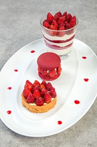 PANACOTTA, MACARON ET SABLE AUX FRAISES DES BOIS, RECETTE DE LAURENT CLEMENT, LIVRE DES RECETTES DE TERROIR EN EURE-ET-LOIR (28), FRANCE 