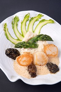 RISOTTO D’ASPERGES AUX COQUILLES ST JACQUES ET MORILLES, RECETTE DE LAURENT CLEMENT, LIVRE DES RECETTES DE TERROIR EN EURE-ET-LOIR (28), FRANCE 