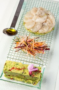 MARINADE DE ST JACQUES A L’HUILE DE COLZA ET VANILLE, GUACAMOLE DE PETITS POIS, RECETTE DE LAURENT CLEMENT, LIVRE DES RECETTES DE TERROIR EN EURE-ET-LOIR (28), FRANCE 
