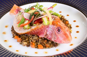 ROUGET EN VINAIGRETTE DE LENTILLES ET PRIMEURS, RECETTE DE LAURENT CLEMENT, LIVRE DES RECETTES DE TERROIR EN EURE-ET-LOIR (28), FRANCE 