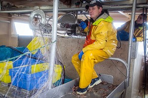 MARINS AUX COMMANDES DU TREUIL POUR LA SORTIE DES FILETS, PECHE EN MER SUR LE FILEYEUR 'LES OCEANES' AU LARGE DE LORIENT (56), BRETAGNE, FRANCE 