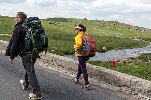 PELERINS SUR LE CHEMIN DE SAINT-JACQUES DE COMPOSTELLE, PONT DE LA BES, COMMUNE DE MARCHASTEL, LOZERE (48), FRANCE 