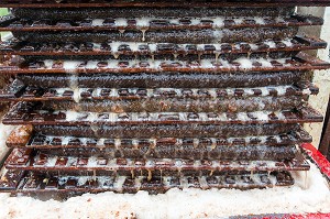 TOILES DE JUTE REMPLIES DE POMMES BROYEES ENTRE LES CLAIES EN BOIS SOUS LE PRESSOIR HYDRAULIQUE POUR EXTRAIRE LE JUS, FABRICATION DU CIDRE FERMIER, EXPLOITATION AGRICOLE DE CLAUDE COURBE, RUGLES (27), FRANCE 