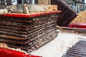 TOILES DE JUTE REMPLIES DE POMMES BROYEES ENTRE LES CLAIES EN BOIS SOUS LE PRESSOIR HYDRAULIQUE POUR EXTRAIRE LE JUS, FABRICATION DU CIDRE FERMIER, EXPLOITATION AGRICOLE DE CLAUDE COURBE, RUGLES (27), FRANCE 