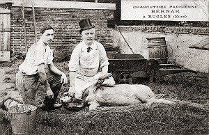 CHARCUTERIE PARISIENNE BERNAR, BOUCHER-CHARCUTIER ET SON APPRENTI EN TRAIN D'EGORGER UN COCHON A LA FERME, CARTE POSTALES ANCIENNE, COLLECTION DE LA VILLE DE RUGLES, EURE (27), FRANCE 