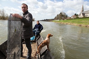 PECHE A L'ANGUILLE SUR LA LOIRE AVEC CHRISTOPHE HAY, LE PECHEUR SYLVAIN ARNOULT ET LA CHIENNE JAVA, MONTLIVAULT, LOIR-ET-CHER (41), FRANCE 